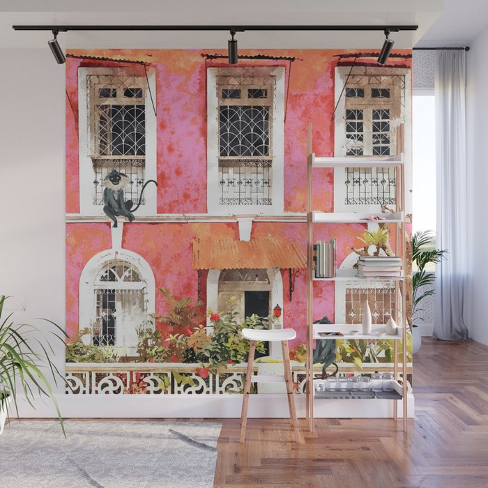 Monkey Business | Watercolor Tropical Goa Architecture Painting | Travel Pastel Pink Blush Building Wall Mural Gallery Image 1