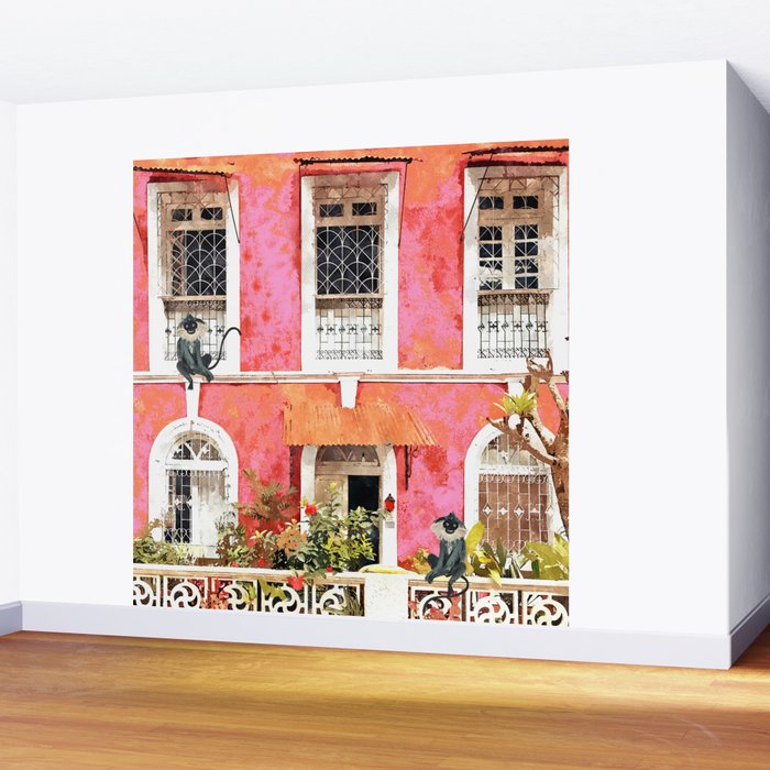 Monkey Business | Watercolor Tropical Goa Architecture Painting | Travel Pastel Pink Blush Building Wall Mural Gallery Image 2