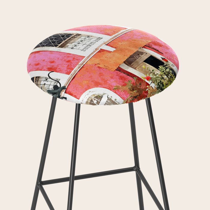 Monkey Business | Watercolor Tropical Goa Architecture Painting | Travel Pastel Pink Blush Building Stool Gallery Image 2