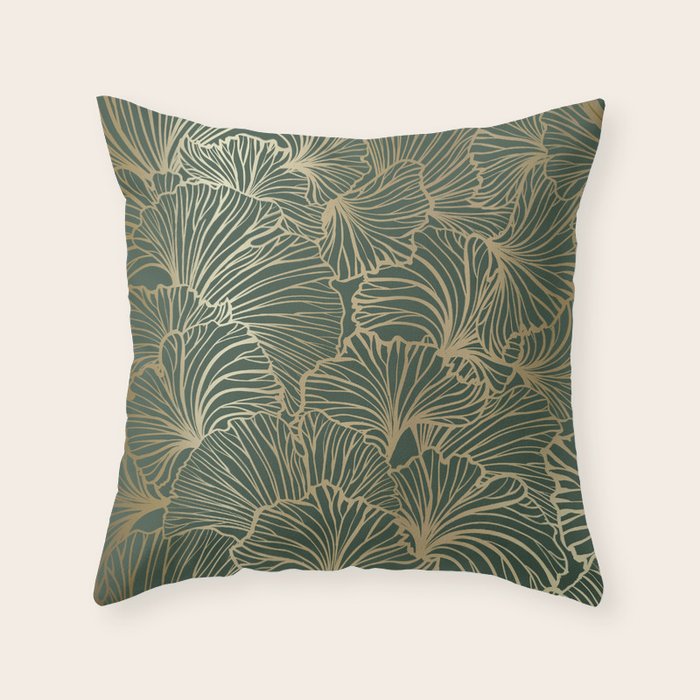 Decorative Nature Pattern, Floral Prints, Green and Gold Throw Pillow Gallery Image 1