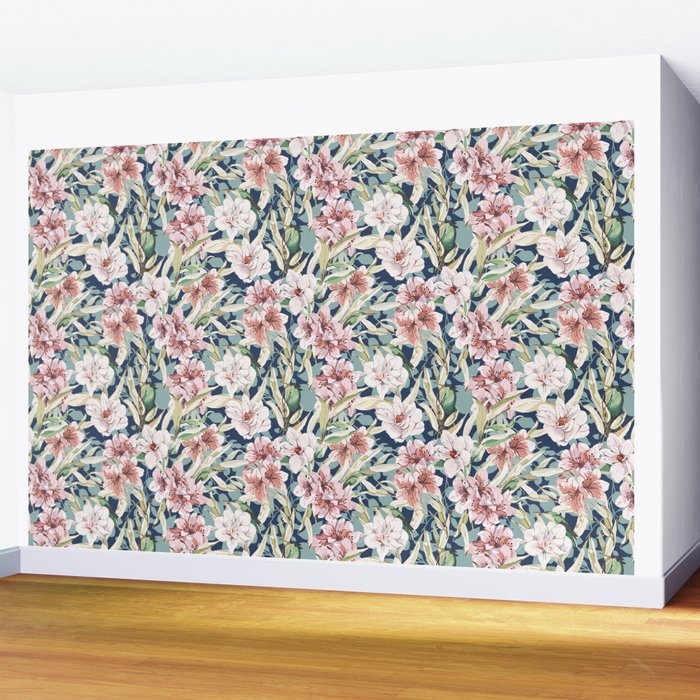 Birds in lush night garden flowers Wall Mural Gallery Image 2