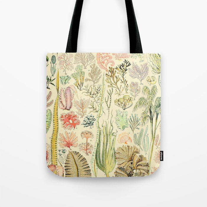 Seaweed and Coral Vintage Illustration Drawing by Adolphe Millot of Underwater Peach Pink Sea Plants Tote Bag Gallery Image 1