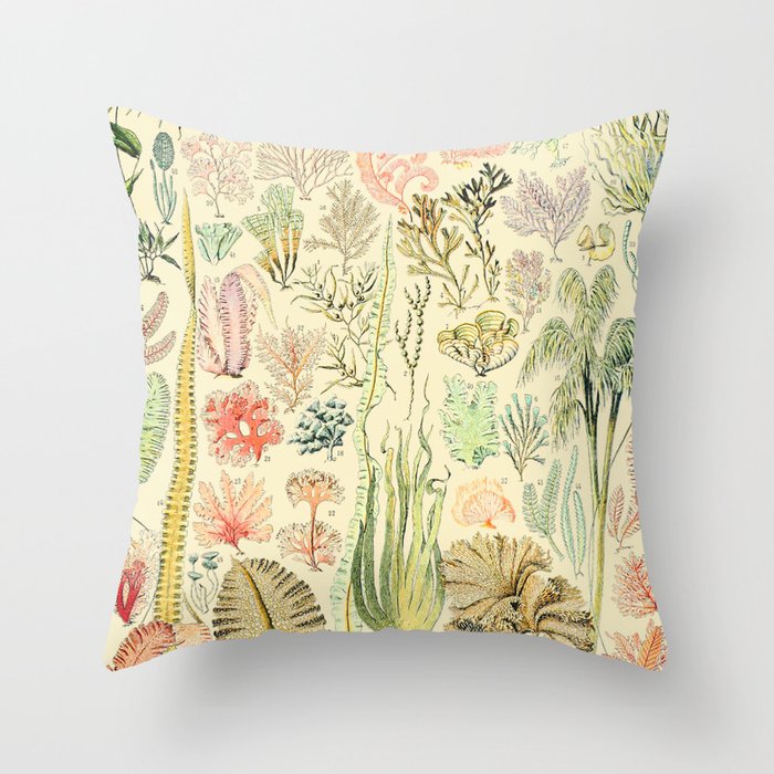 Seaweed and Coral Vintage Illustration Drawing by Adolphe Millot of Underwater Peach Pink Sea Plants Throw Pillow Gallery Image 6
