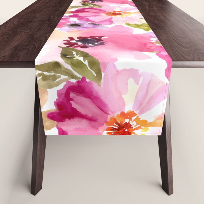 Watercolor Flowers Pink Fuchsia Table Runner Gallery Image 1