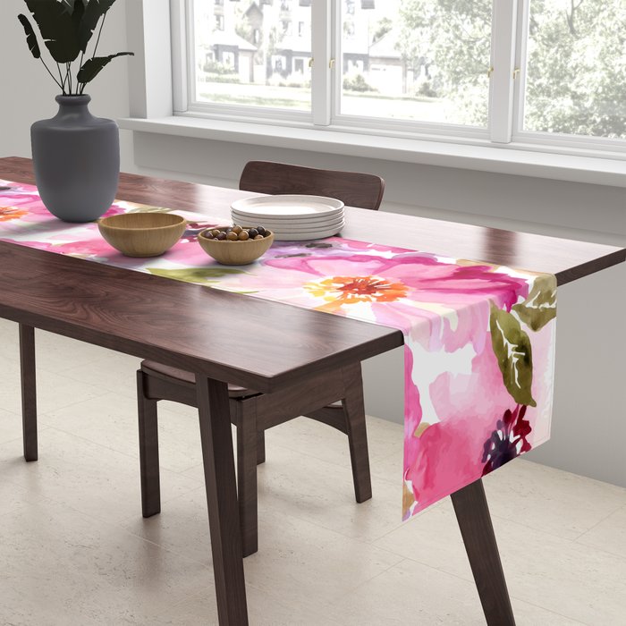 Watercolor Flowers Pink Fuchsia Table Runner Gallery Image 2