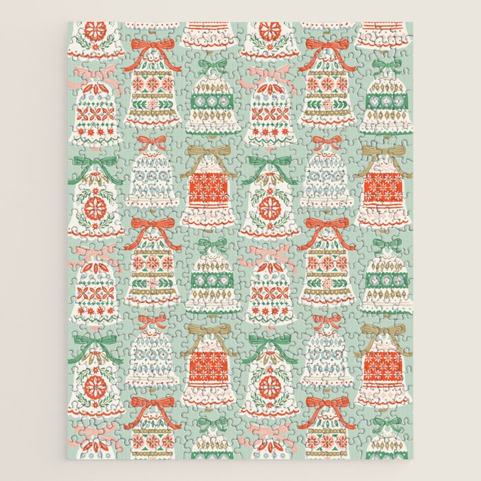 Folk Art Holiday Bells - Light Green Jigsaw Puzzle Gallery Image 1