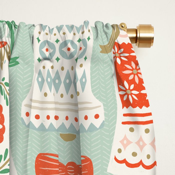 Folk Art Holiday Bells - Light Green Window Curtain Gallery Image 2