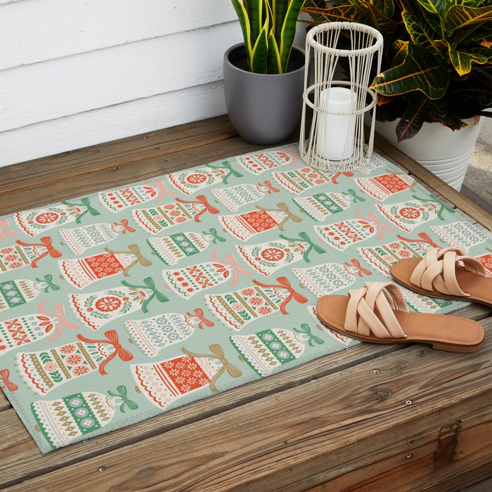 Folk Art Holiday Bells - Light Green Outdoor Rug Gallery Image 2