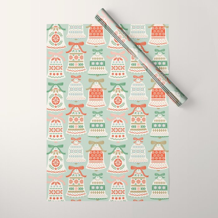Folk Art Holiday Bells - Light Green Wrapping Paper Gallery Image 1