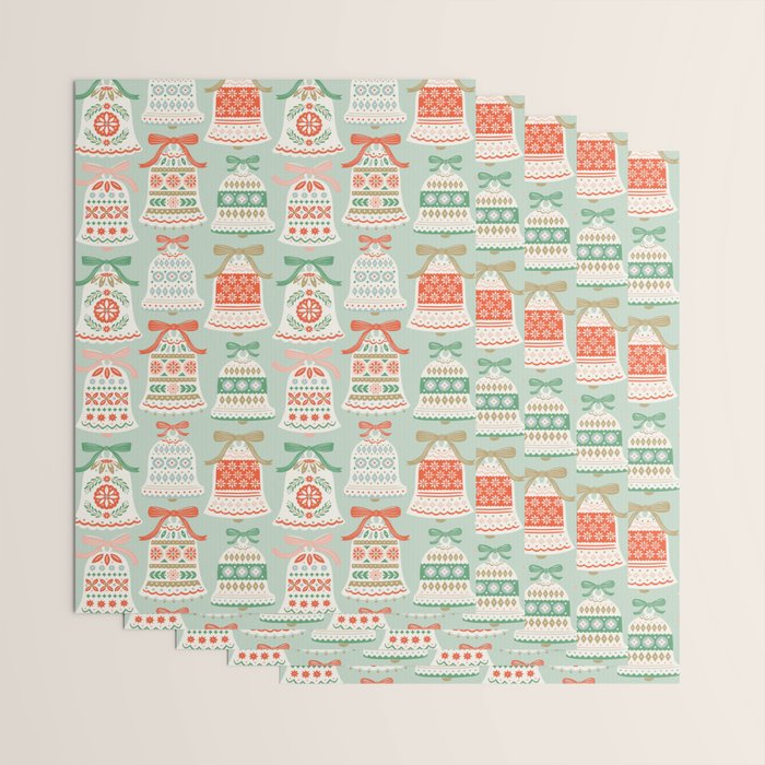 Folk Art Holiday Bells - Light Green Wrapping Paper Gallery Image 3