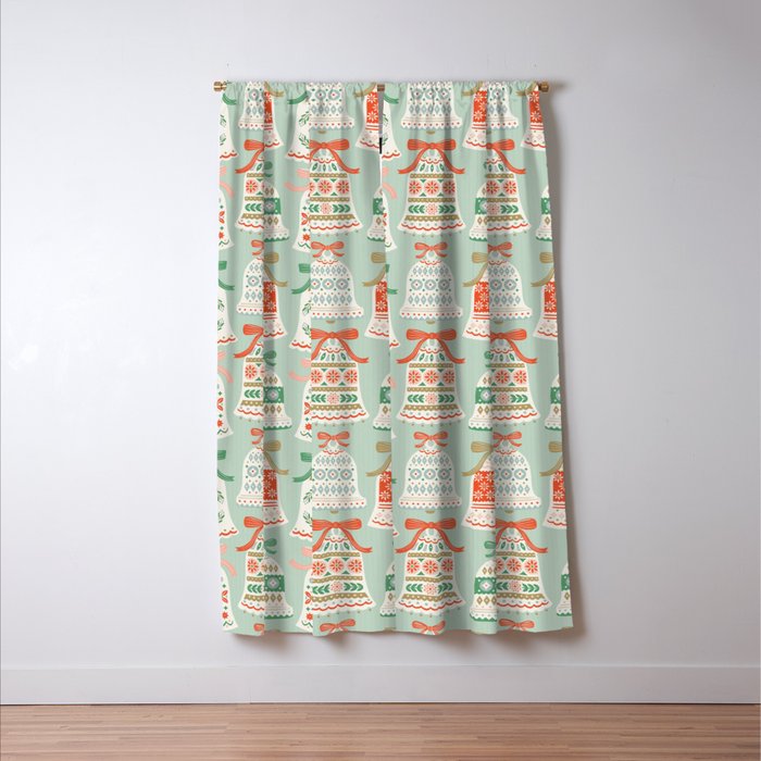 Folk Art Holiday Bells - Light Green Window Curtain Gallery Image 3