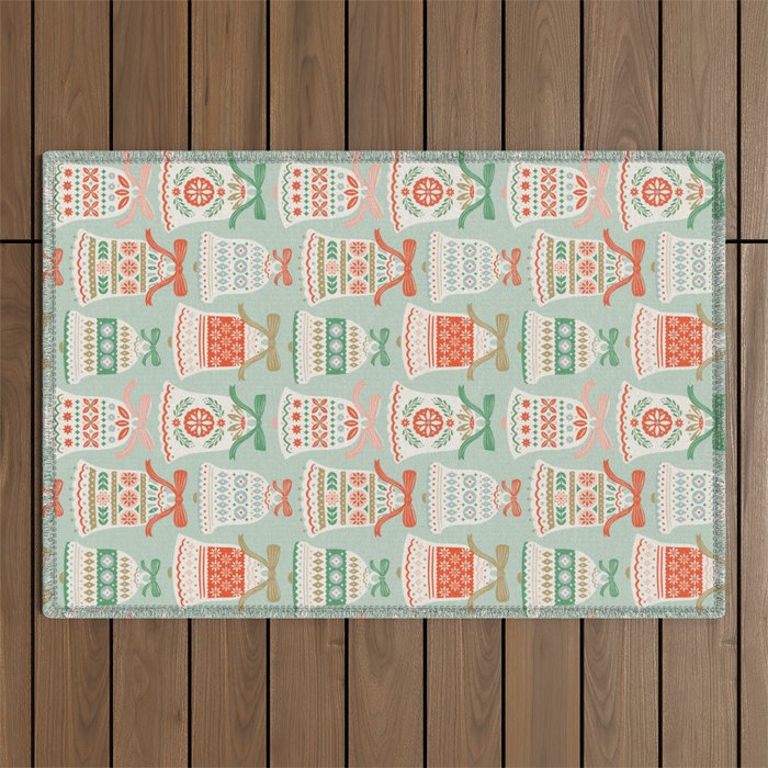 Folk Art Holiday Bells - Light Green Outdoor Rug Gallery Image 1