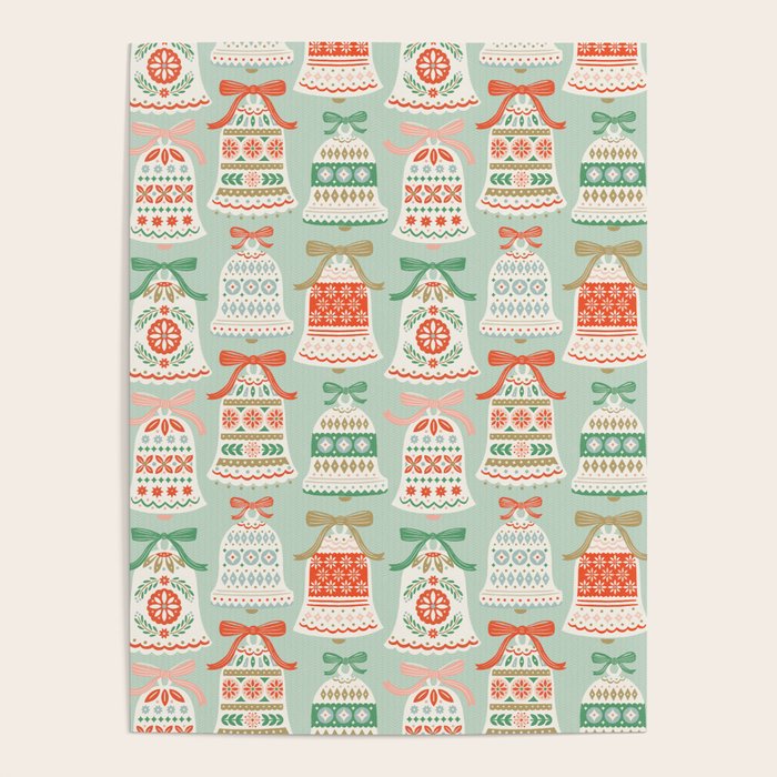 Folk Art Holiday Bells - Light Green Poster Gallery Image 4