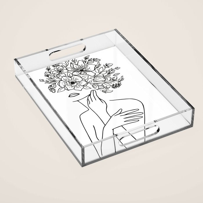 Woman With Flowers Minimal Line Art Acrylic Tray Gallery Image 1