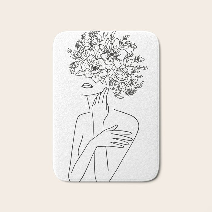 Woman With Flowers Minimal Line Art Bath Mat Gallery Image 1