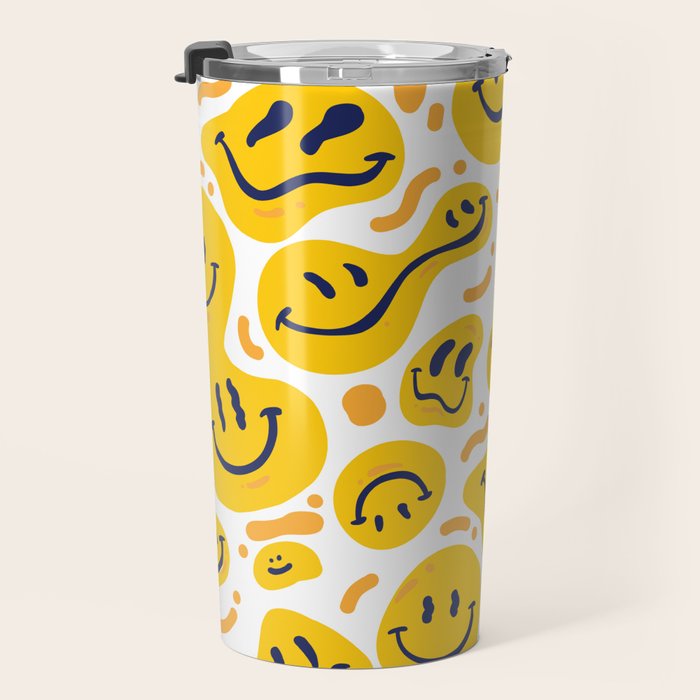 Yellow Dripping Smiley Faces Travel Mug Gallery Image 3