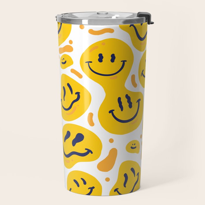 Yellow Dripping Smiley Faces Travel Mug Gallery Image 2