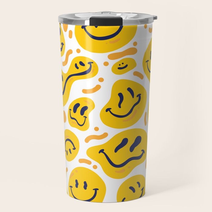 Yellow Dripping Smiley Faces Travel Mug Gallery Image 1