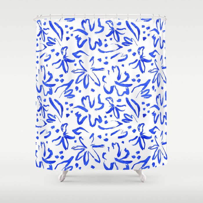 Hand drawn blue flower art pattern Shower Curtain Gallery Image 1