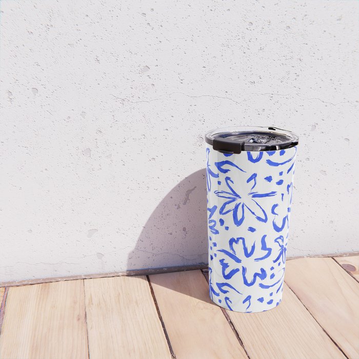 Hand drawn blue flower art pattern Travel Mug Gallery Image 4