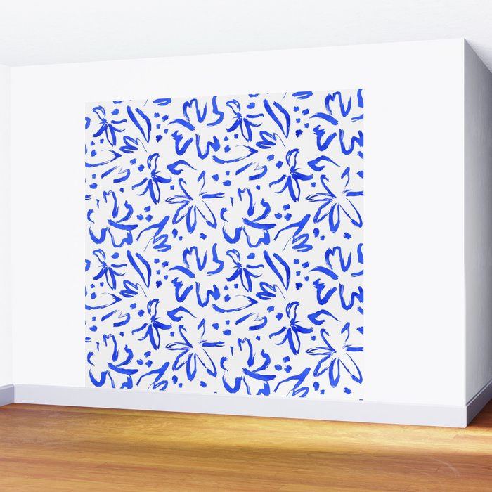 Hand drawn blue flower art pattern Wall Mural Gallery Image 2