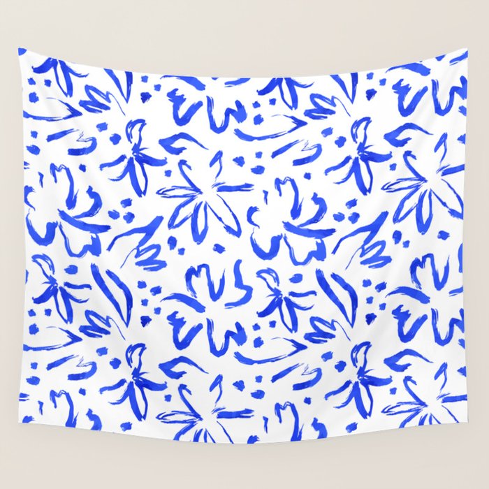 Hand drawn blue flower art pattern Wall Tapestry Gallery Image 1