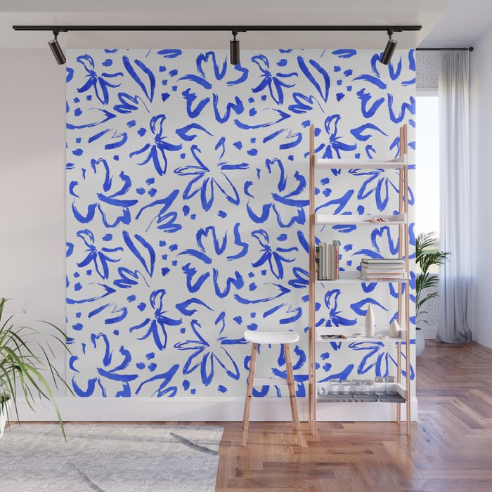 Hand drawn blue flower art pattern Wall Mural Gallery Image 1