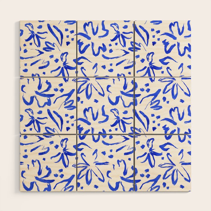 Hand drawn blue flower art pattern Wood Wall Art Gallery Image 1