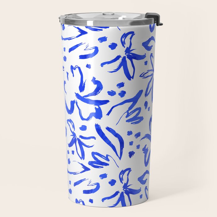 Hand drawn blue flower art pattern Travel Mug Gallery Image 2