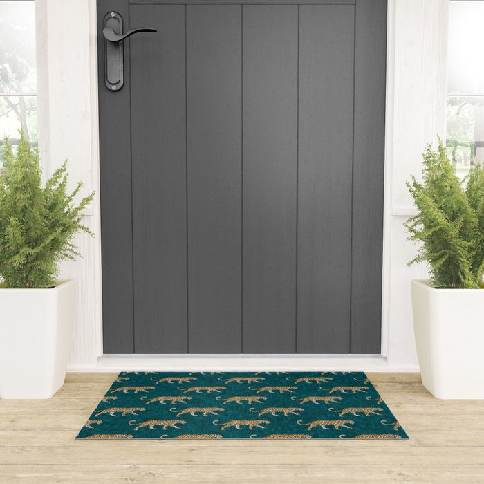 leopards walking - teal Welcome Mat Gallery Image 3