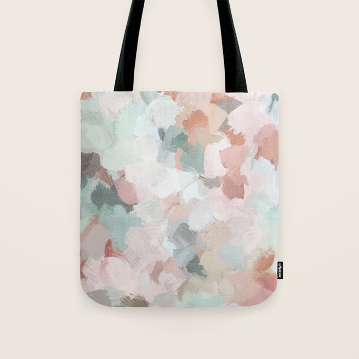 Minty Kisses - Blush Pink Mint Green Blue Coral Peach Abstract Flower Wall Art Springtime Painting Tote Bag Gallery Image 1
