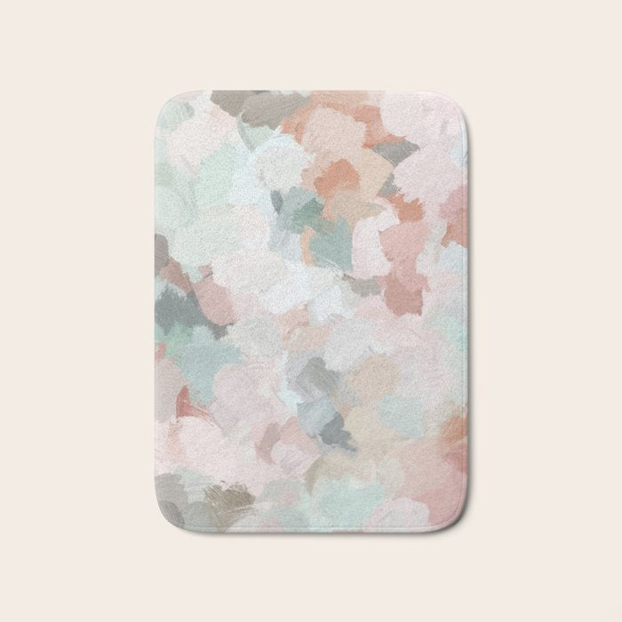 Minty Kisses - Blush Pink Mint Green Blue Coral Peach Abstract Flower Wall Art Springtime Painting Bath Mat Gallery Image 1