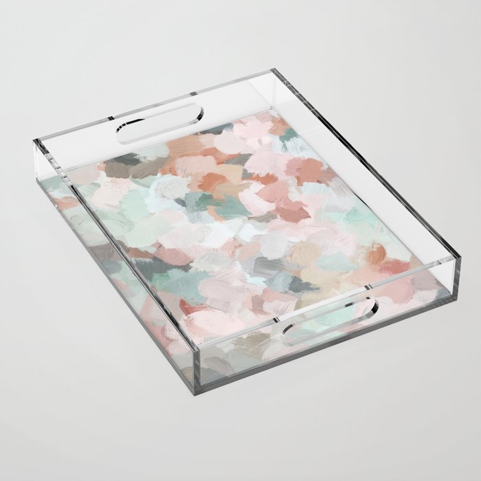 Minty Kisses - Blush Pink Mint Green Blue Coral Peach Abstract Flower Wall Art Springtime Painting Acrylic Tray Gallery Image 1