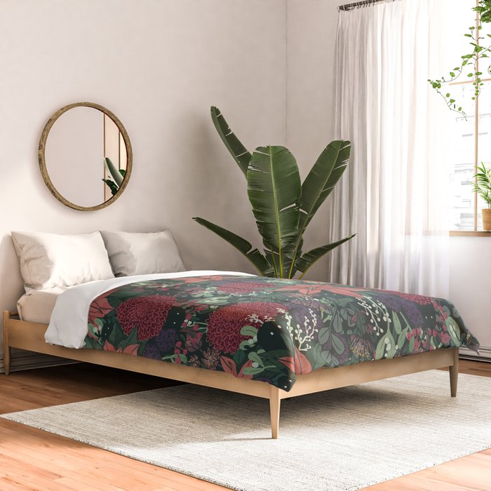 Wild Flowers Winter Bouquet (Enchanting Hidden Monsters in Dark Floral) Comforter Gallery Image 2