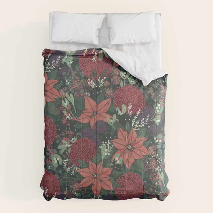 Wild Flowers Winter Bouquet (Enchanting Hidden Monsters in Dark Floral) Comforter Gallery Image 6