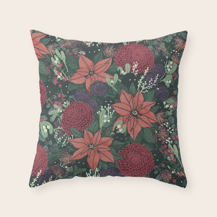 Wild Flowers Winter Bouquet (Enchanting Hidden Monsters in Dark Floral) Throw Pillow Gallery Image 6