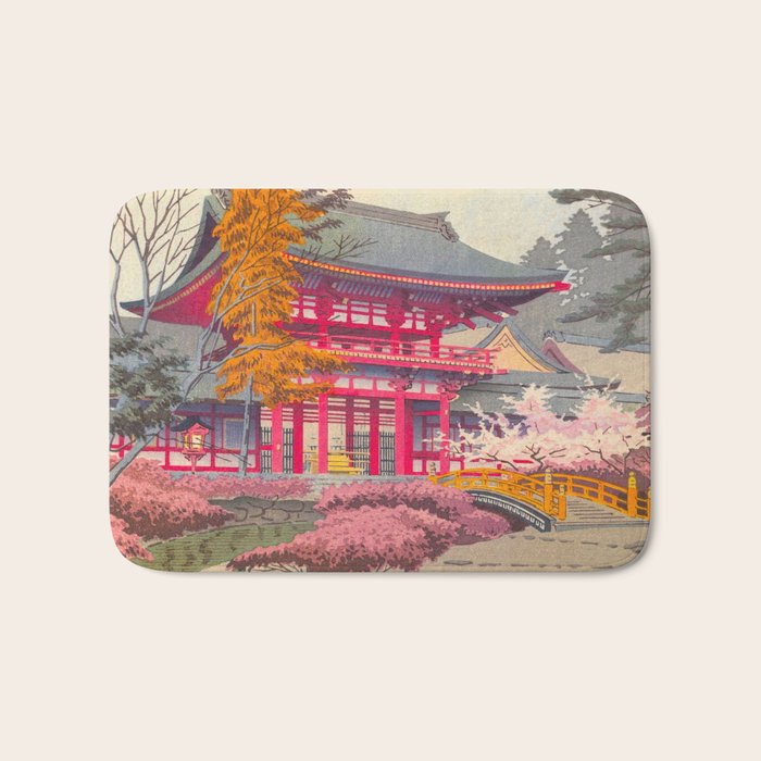 Japanese Woodblock Print Vintage Bright East Asian Red Pagoda Spring Garden Bath Mat Gallery Image 1