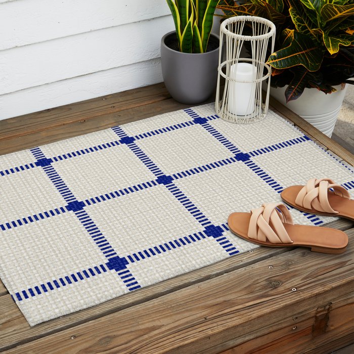 Woven Cross Check Cream x Navy Outdoor Rug Gallery Image 2