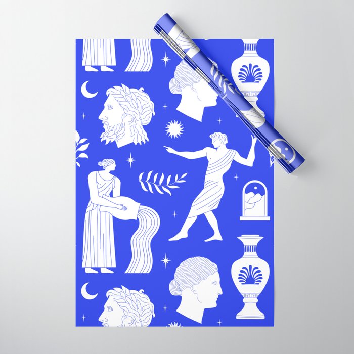 Blue greek statue and classic vintage monument pattern Wrapping Paper Gallery Image 1