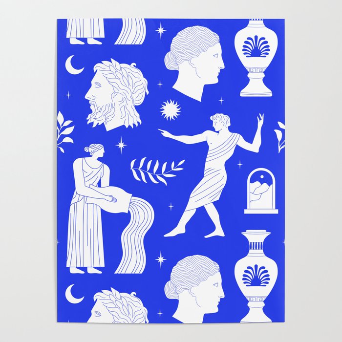 Blue greek statue and classic vintage monument pattern Poster Gallery Image 4