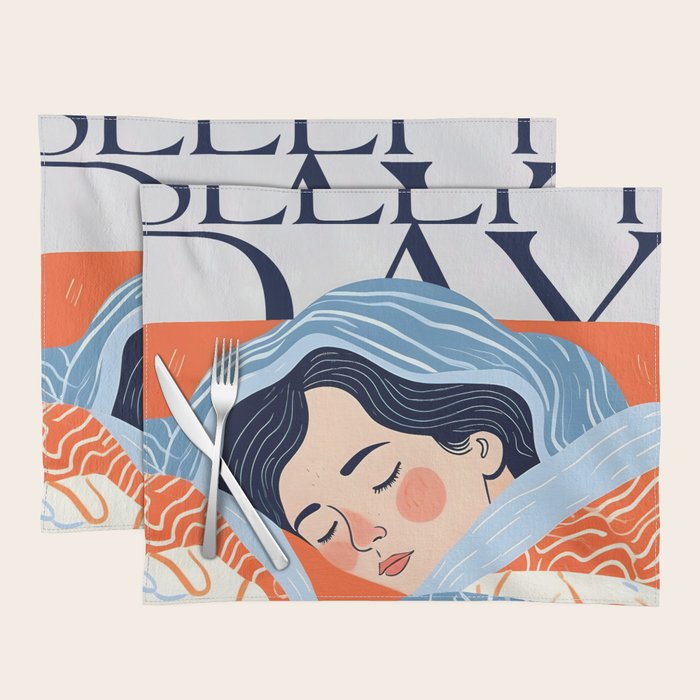 Sleepy Day | Nap Time Bedroom Décor, Eclectic People Relax Rest Illustration, Lazy Bohemian Woman Asleep, Home Blankets Patterns Textures Placemat Gallery Image 1
