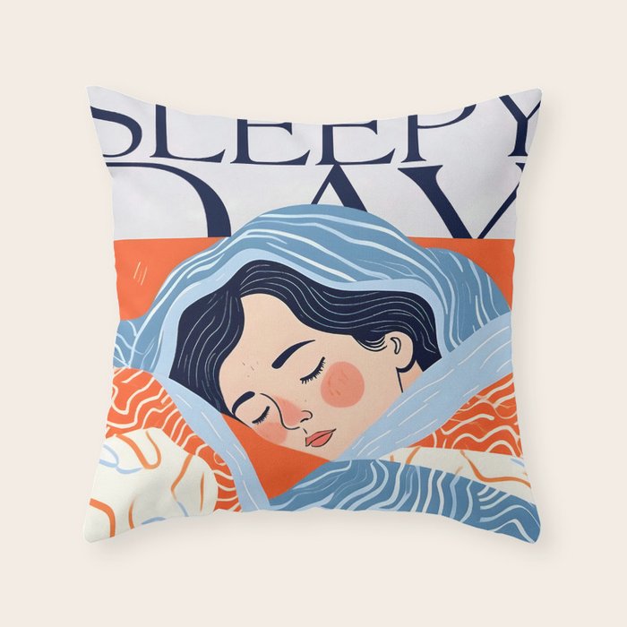 Sleepy Day | Nap Time Bedroom Décor, Eclectic People Relax Rest Illustration, Lazy Bohemian Woman Asleep, Home Blankets Patterns Textures Throw Pillow Gallery Image 6