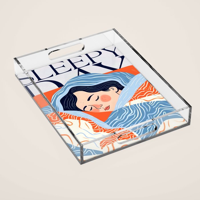 Sleepy Day | Nap Time Bedroom Décor, Eclectic People Relax Rest Illustration, Lazy Bohemian Woman Asleep, Home Blankets Patterns Textures Acrylic Tray Gallery Image 1