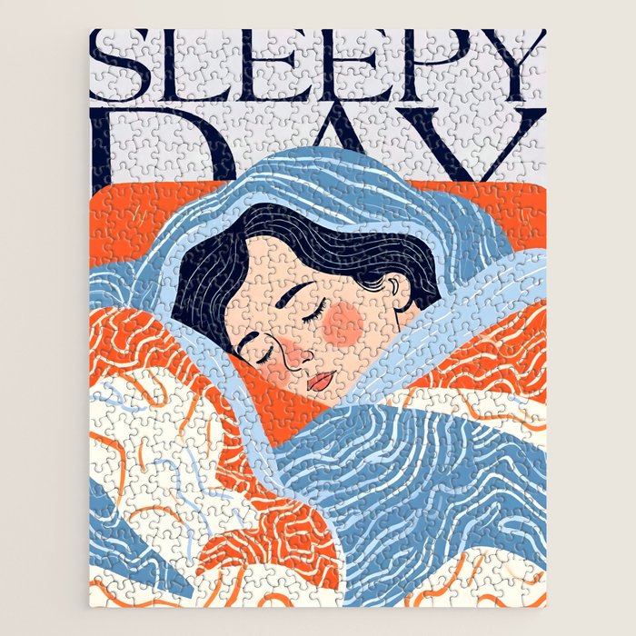 Sleepy Day | Nap Time Bedroom Décor, Eclectic People Relax Rest Illustration, Lazy Bohemian Woman Asleep, Home Blankets Patterns Textures Jigsaw Puzzle Gallery Image 1