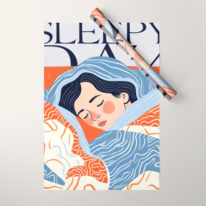 Sleepy Day | Nap Time Bedroom Décor, Eclectic People Relax Rest Illustration, Lazy Bohemian Woman Asleep, Home Blankets Patterns Textures Wrapping Paper Gallery Image 1