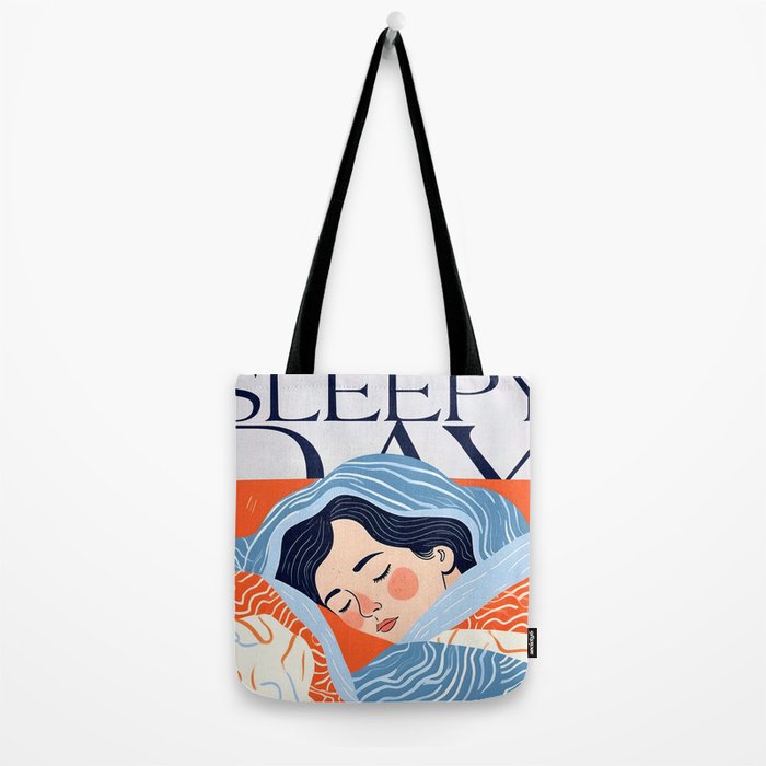Sleepy Day | Nap Time Bedroom Décor, Eclectic People Relax Rest Illustration, Lazy Bohemian Woman Asleep, Home Blankets Patterns Textures Tote Bag Gallery Image 2