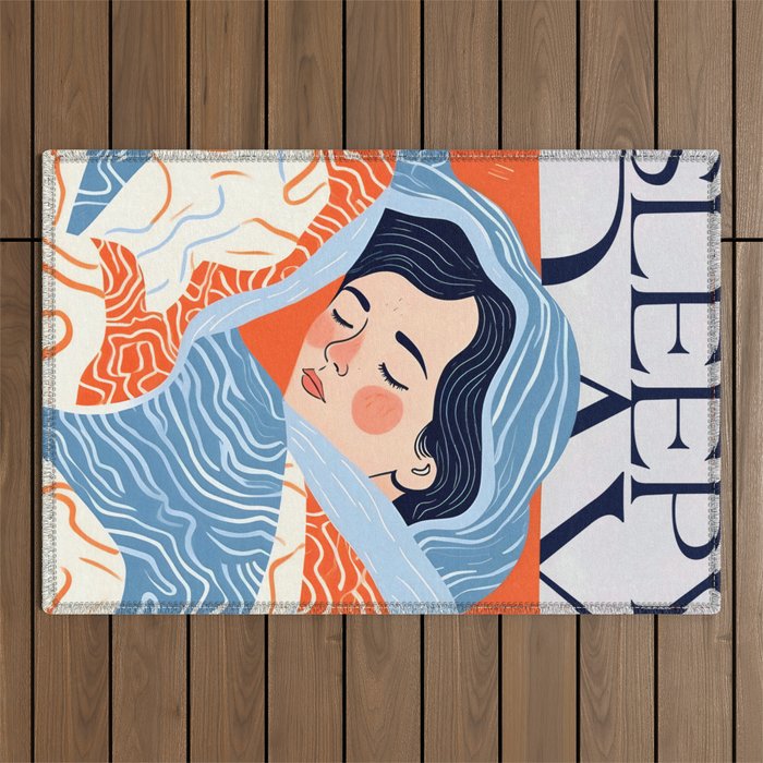 Sleepy Day | Nap Time Bedroom Décor, Eclectic People Relax Rest Illustration, Lazy Bohemian Woman Asleep, Home Blankets Patterns Textures Outdoor Rug Gallery Image 1