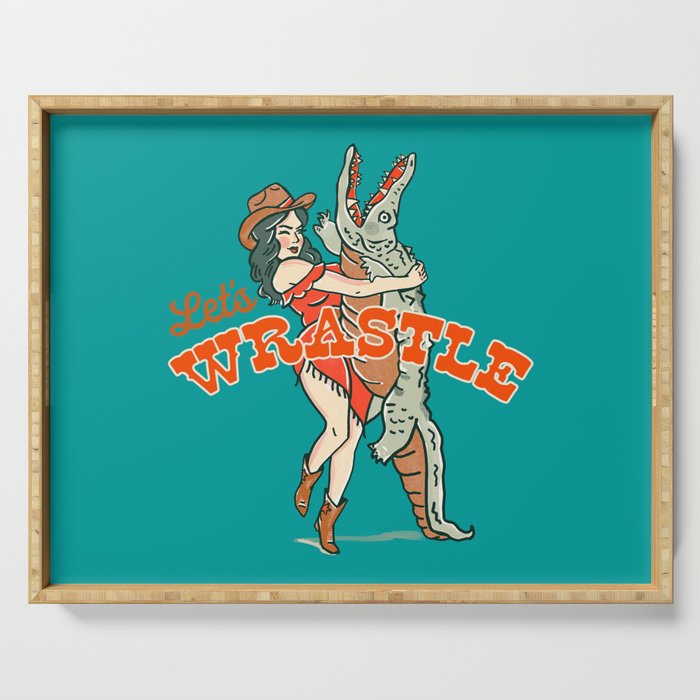 Let's Wrastle Teal Cowgirl Pillow Serving Tray Gallery Image 1