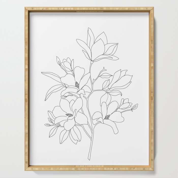 Minimal Line Art Magnolia Flowers Serving Tray Gallery Image 1