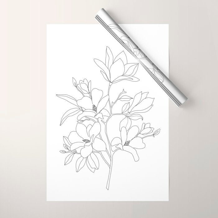 Minimal Line Art Magnolia Flowers Wrapping Paper Gallery Image 1